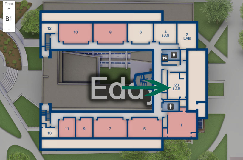 map of Eddy Hall with arrow pointing to room 23